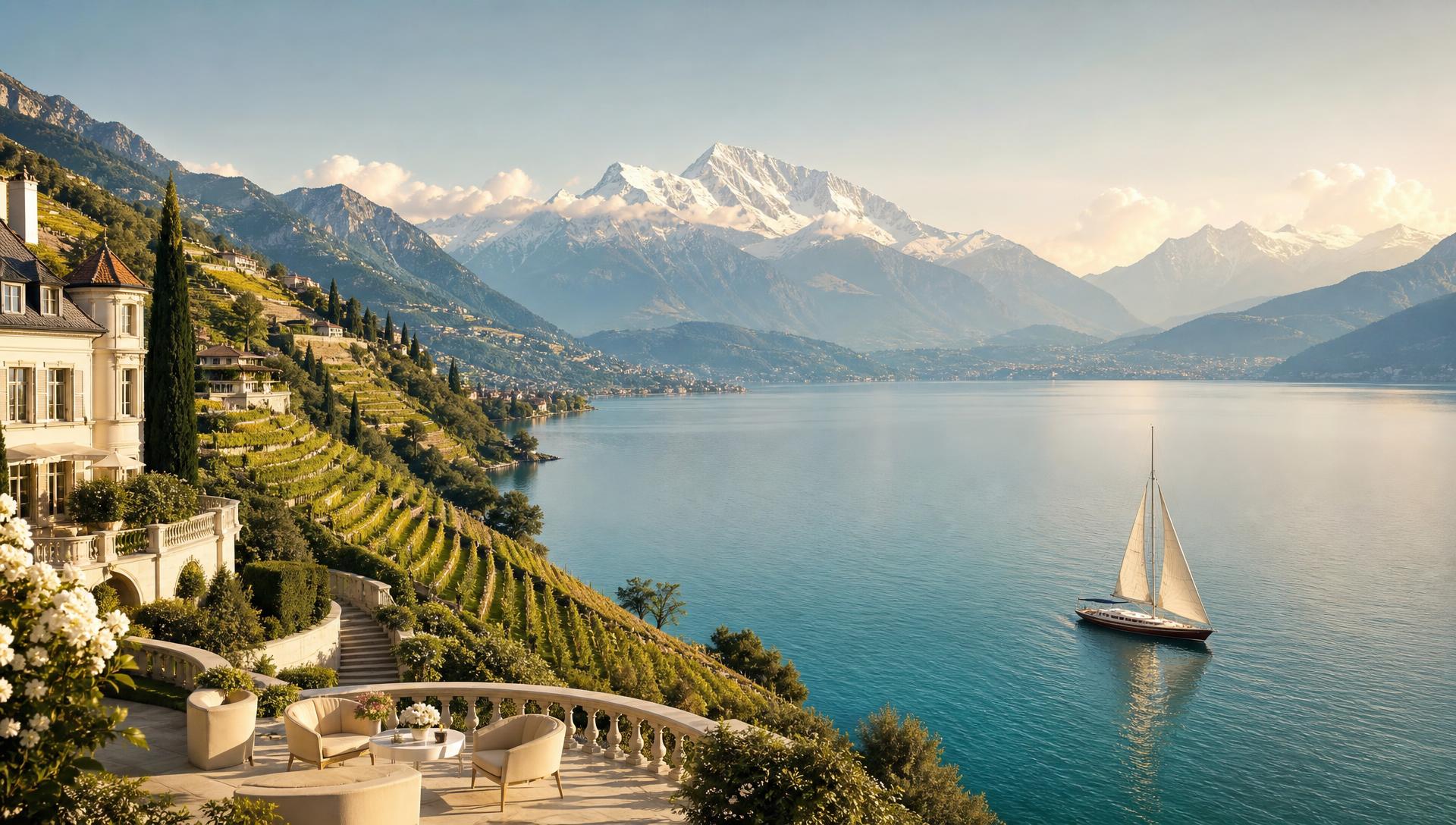 Bright view of Lake Geneva, the snow-capped Alps and an elegant sailboat